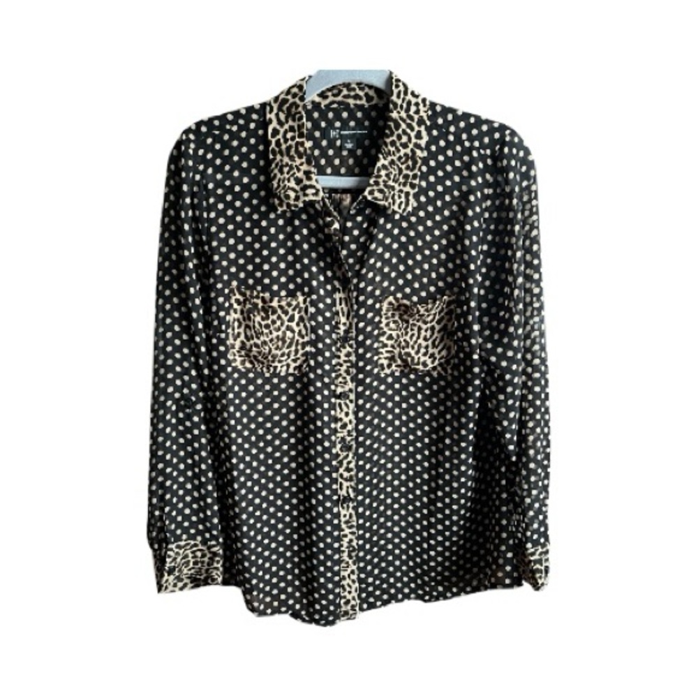 INC International Concepts Black and beige Polka Dot Leopard Print Shirt